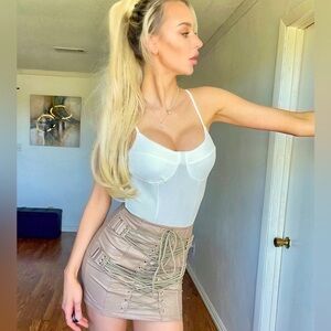 Faux Leather Lace-Up Mini Skirt | Taupe Corset Style w/ Olive Green Lacing